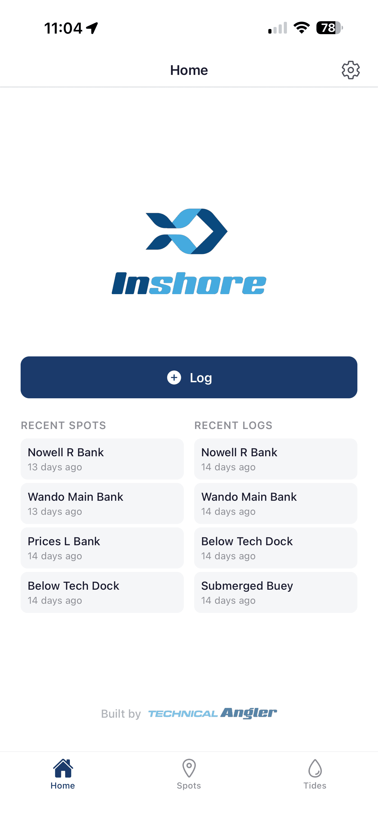 Inshore home screen with the Log button above lists of recent spots and recent logs