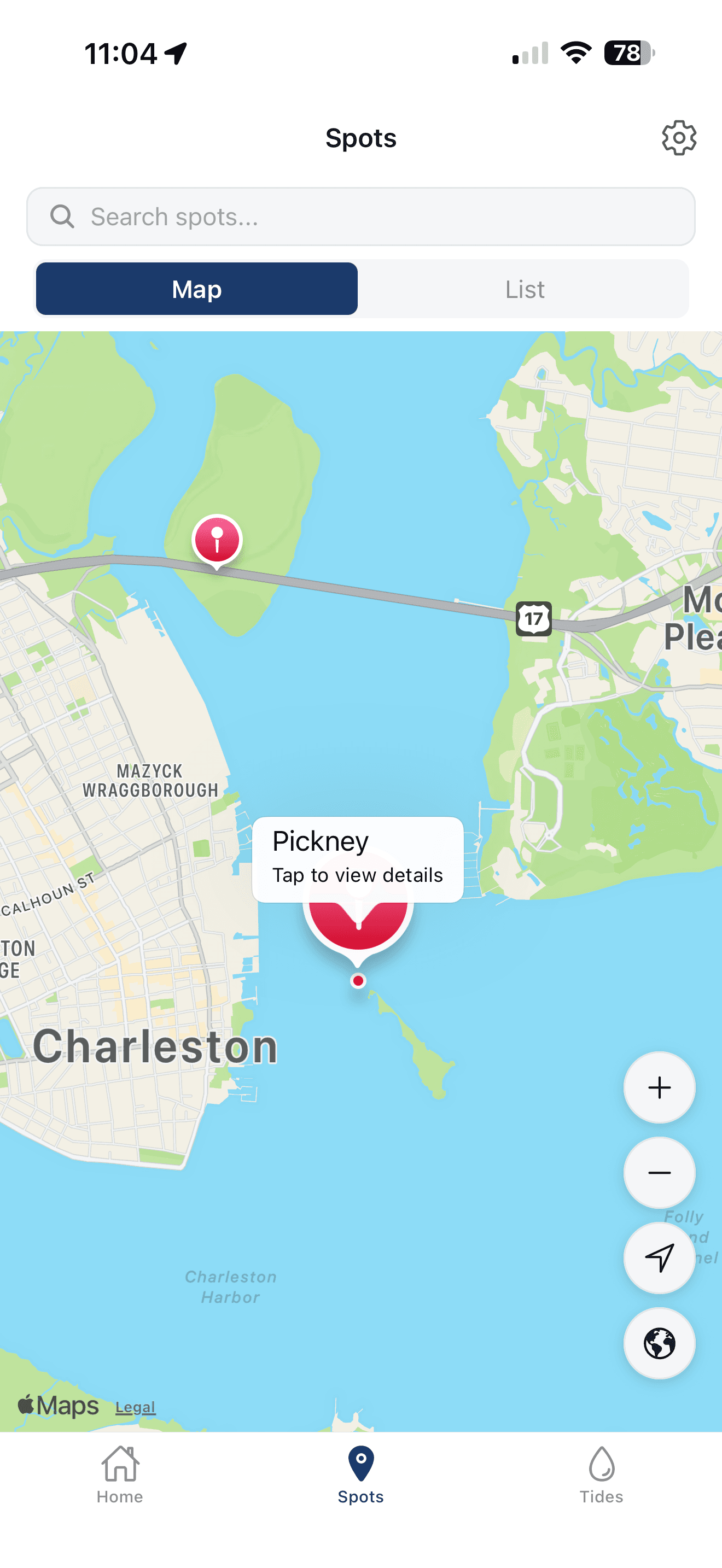 Inshore Spots tab showing saved fishing spots as pins on a map of Charleston Harbor
