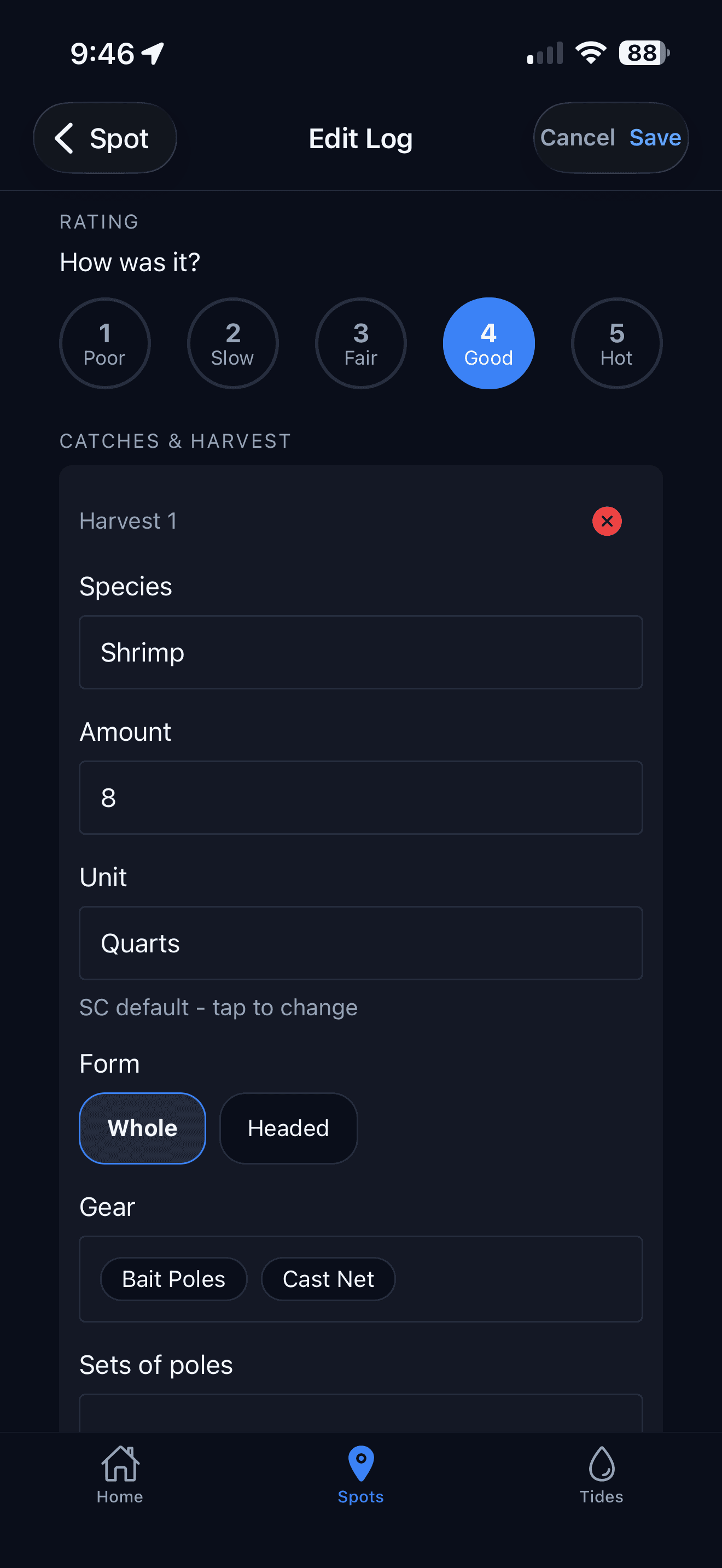 Inshore edit log screen with a harvest entry for shrimp measured in quarts