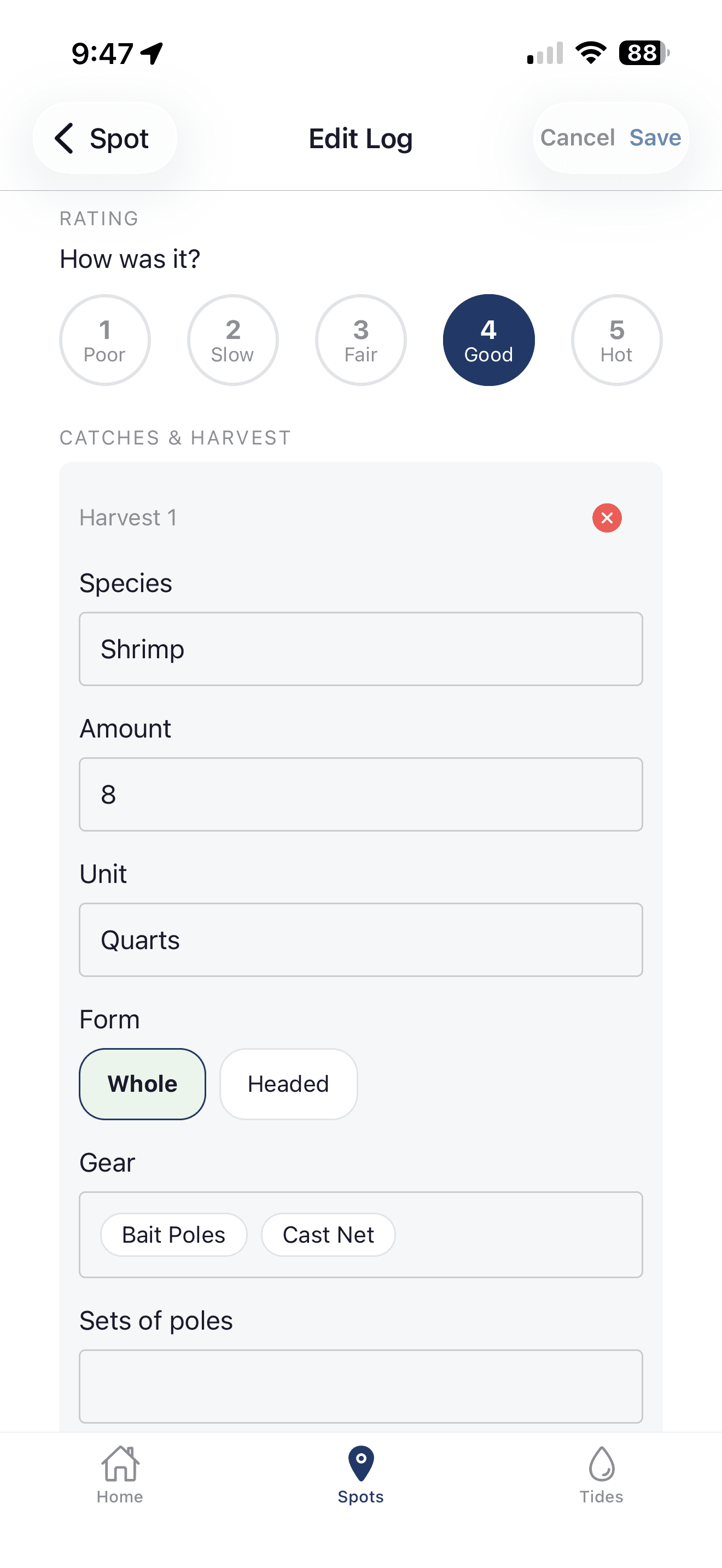 Inshore edit log screen with a harvest entry for shrimp measured in quarts