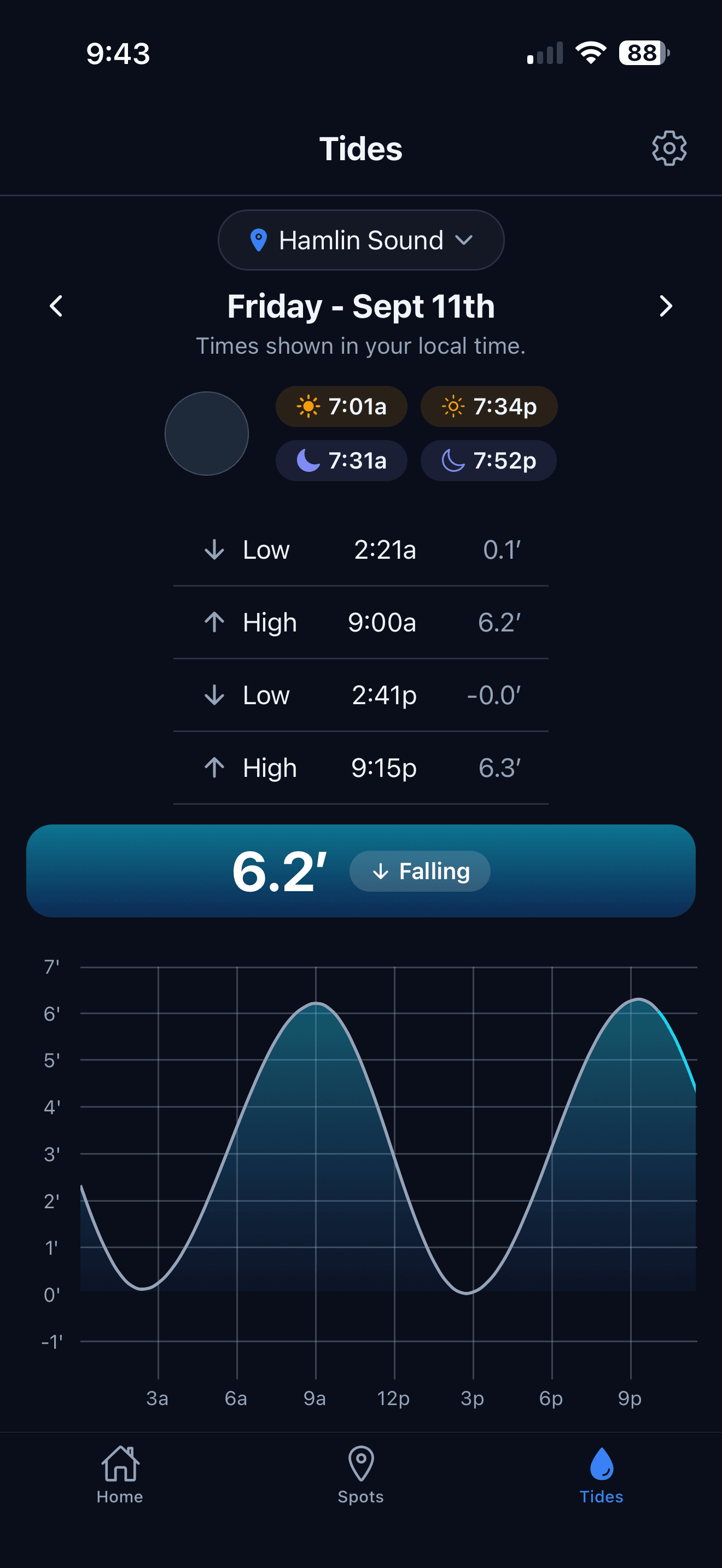 Inshore Tides screen for Hamlin Sound with high and low times and the tide curve