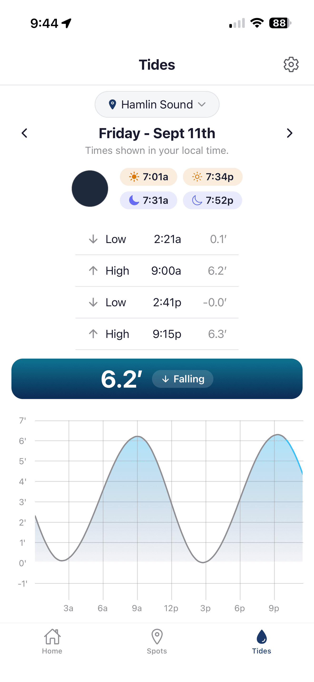 Inshore Tides screen for Hamlin Sound with high and low times and the tide curve